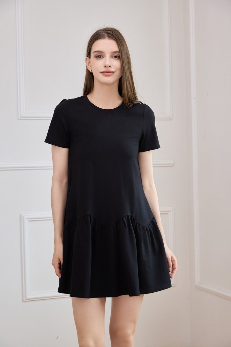 Tulia Cotton Scallop Dropwaist Dress In Black