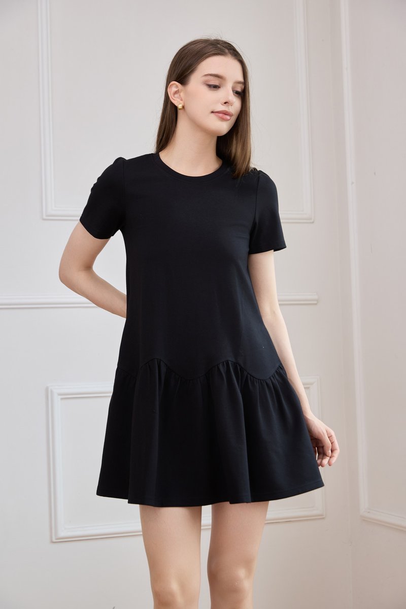 Tulia Cotton Scallop Dropwaist Dress In Black