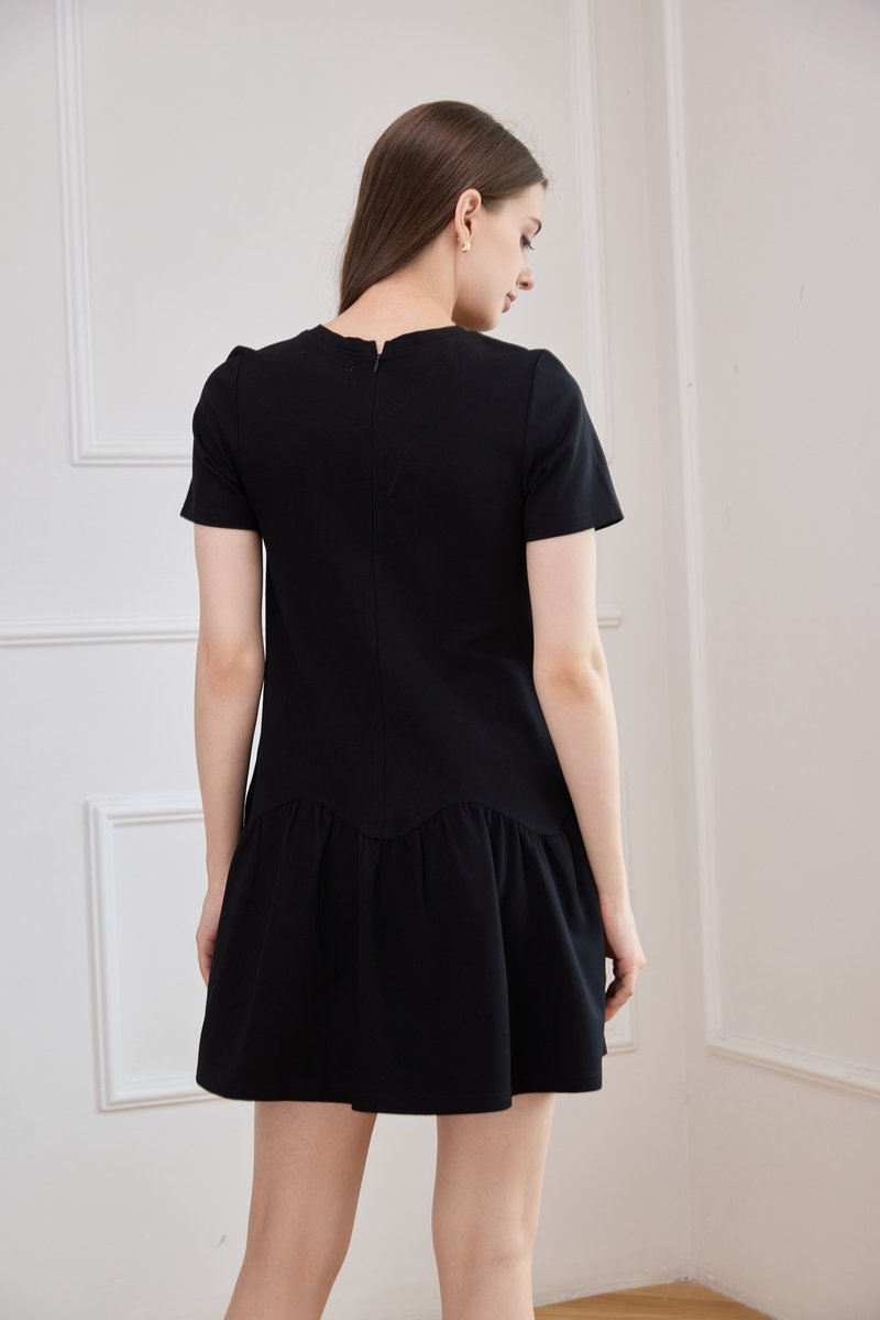 Tulia Cotton Scallop Dropwaist Dress In Black