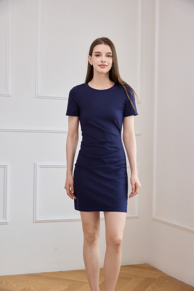 Posey Cotton Side Ruched Dress In Navy