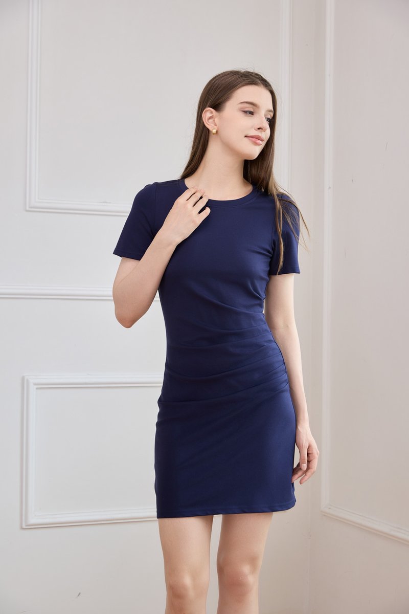 Posey Cotton Side Ruched Dress In Navy