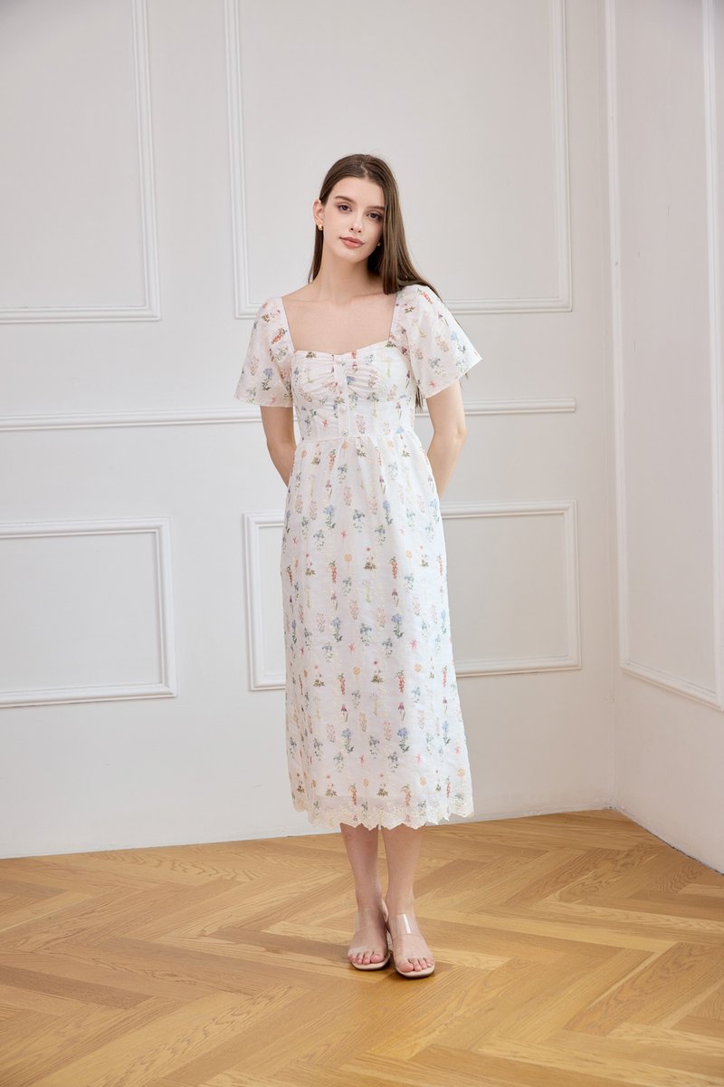 Althea Embroidery Floral Midi Dress In White