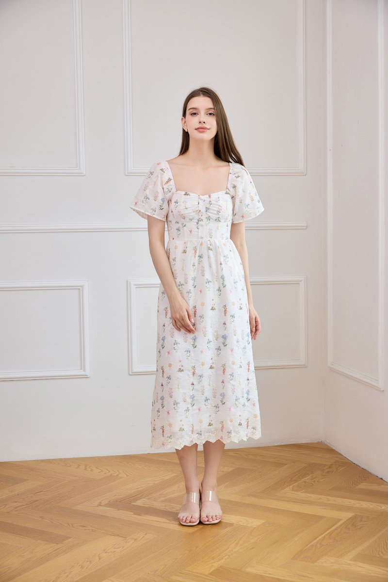 Althea Embroidery Floral Midi Dress In White