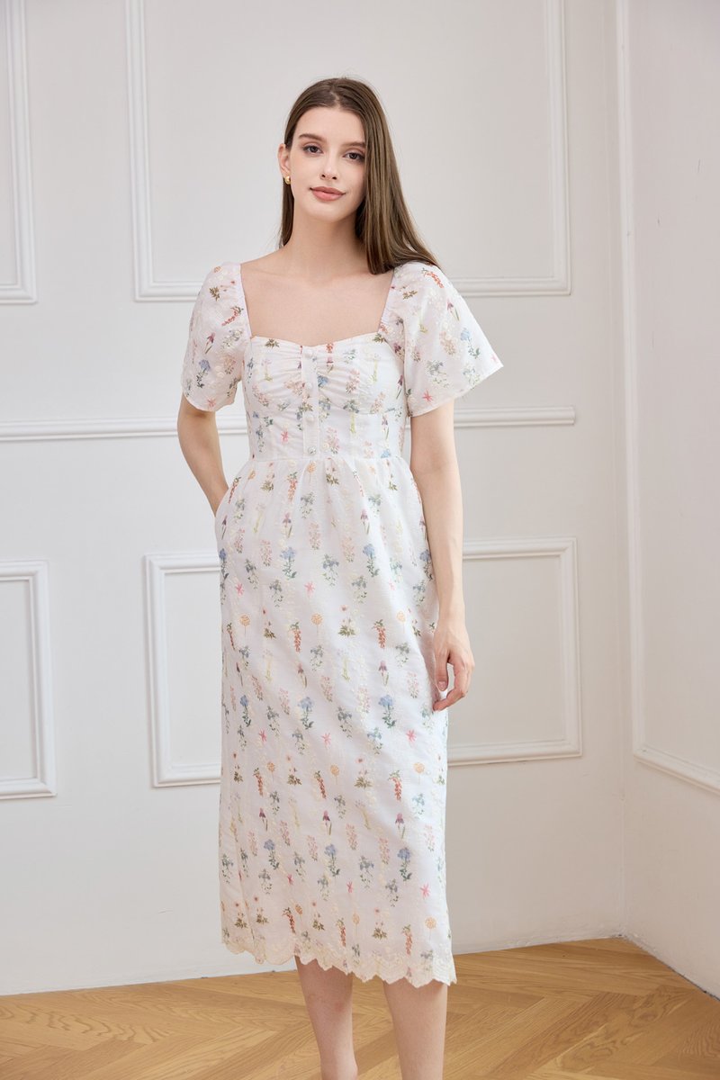 Althea Embroidery Floral Midi Dress In White