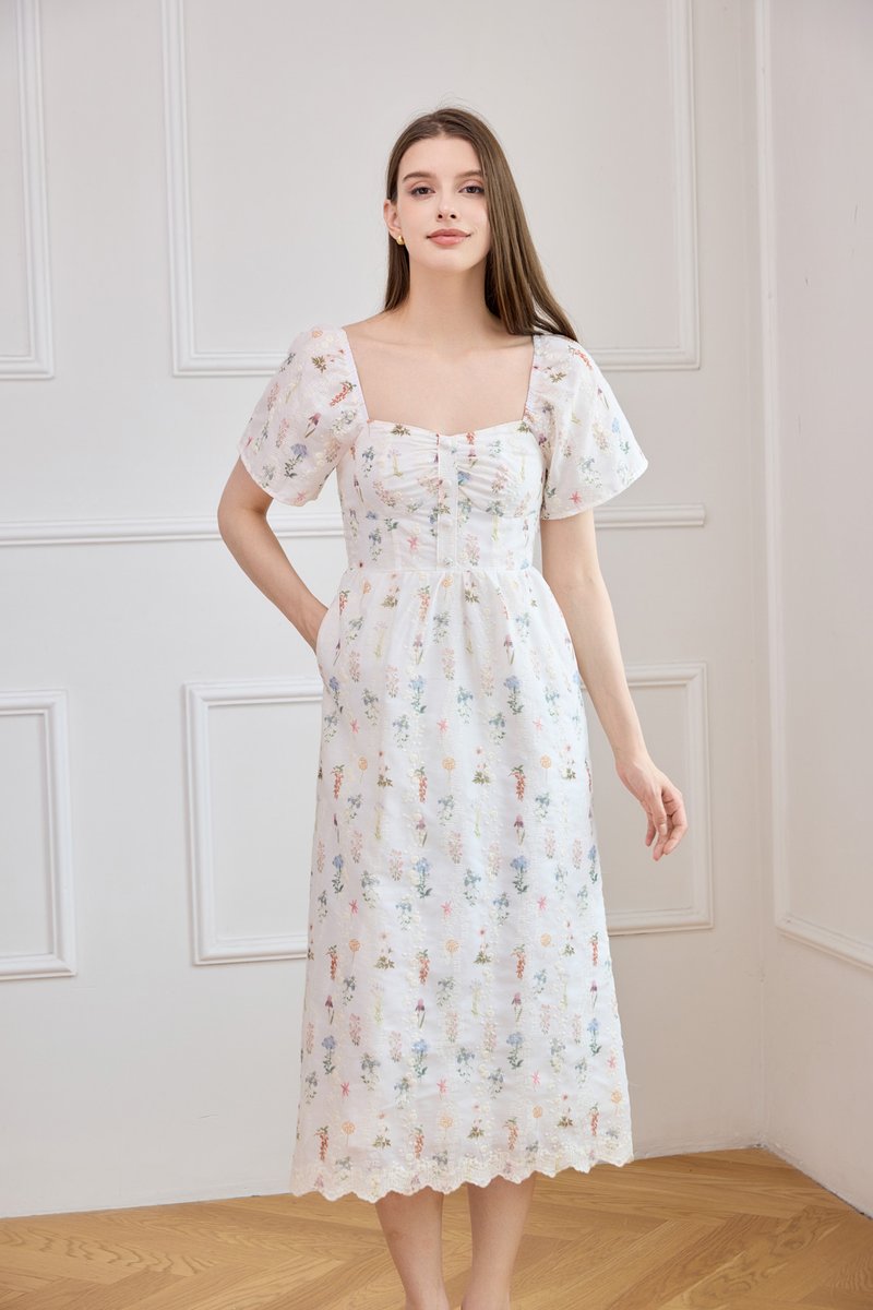 Althea Embroidery Floral Midi Dress In White