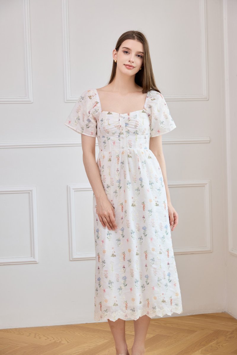 Althea Embroidery Floral Midi Dress In White