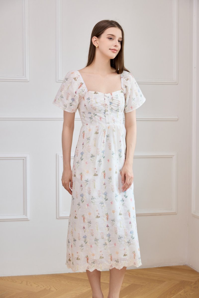 Althea Embroidery Floral Midi Dress In White