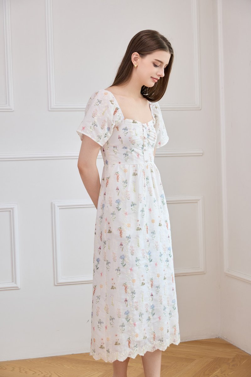 Althea Embroidery Floral Midi Dress In White