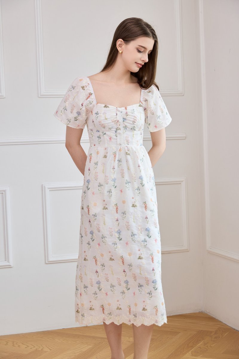 Althea Embroidery Floral Midi Dress In White