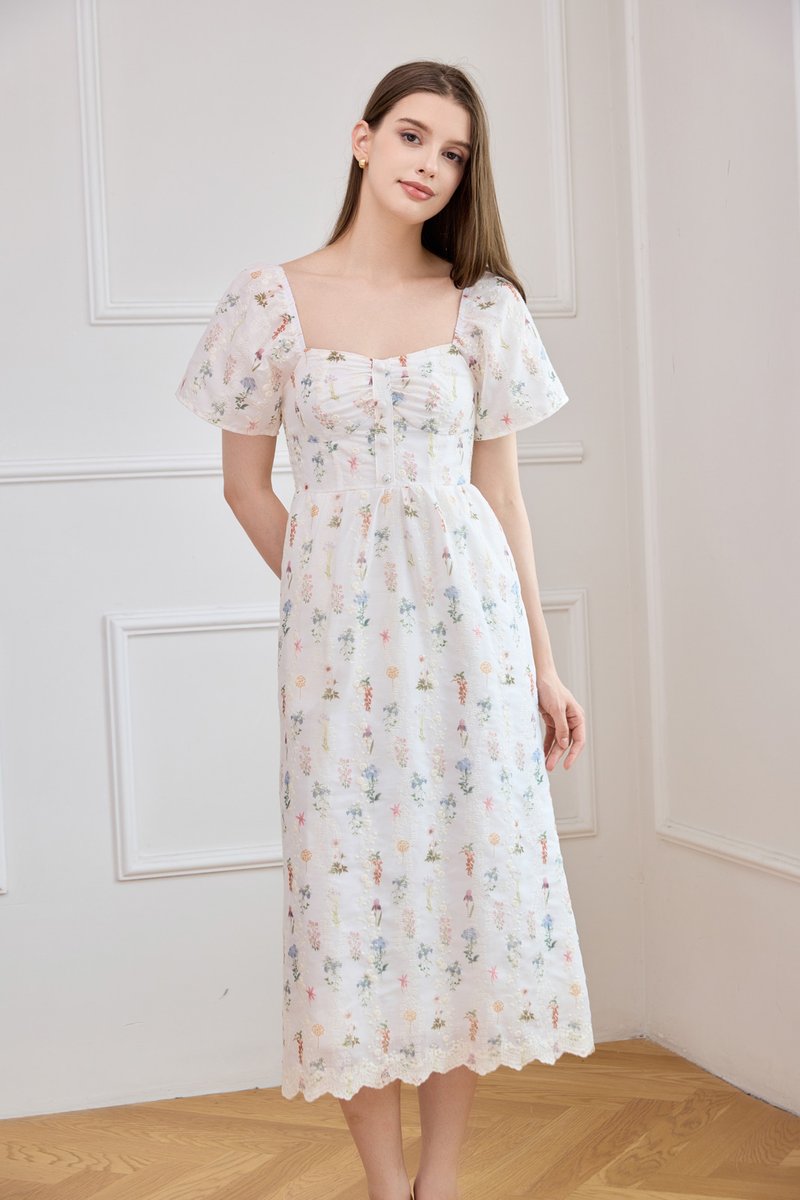 Althea Embroidery Floral Midi Dress In White