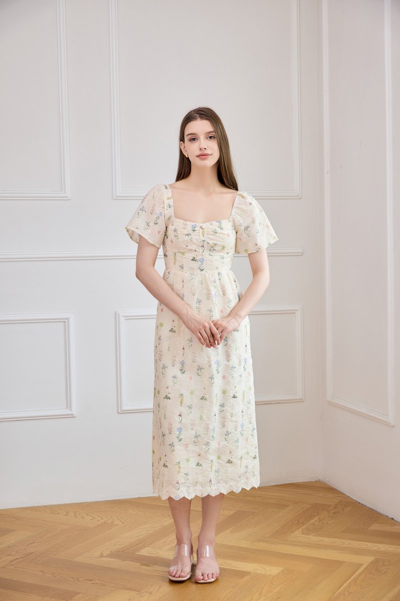 Althea Embroidery Floral Midi Dress In Cream