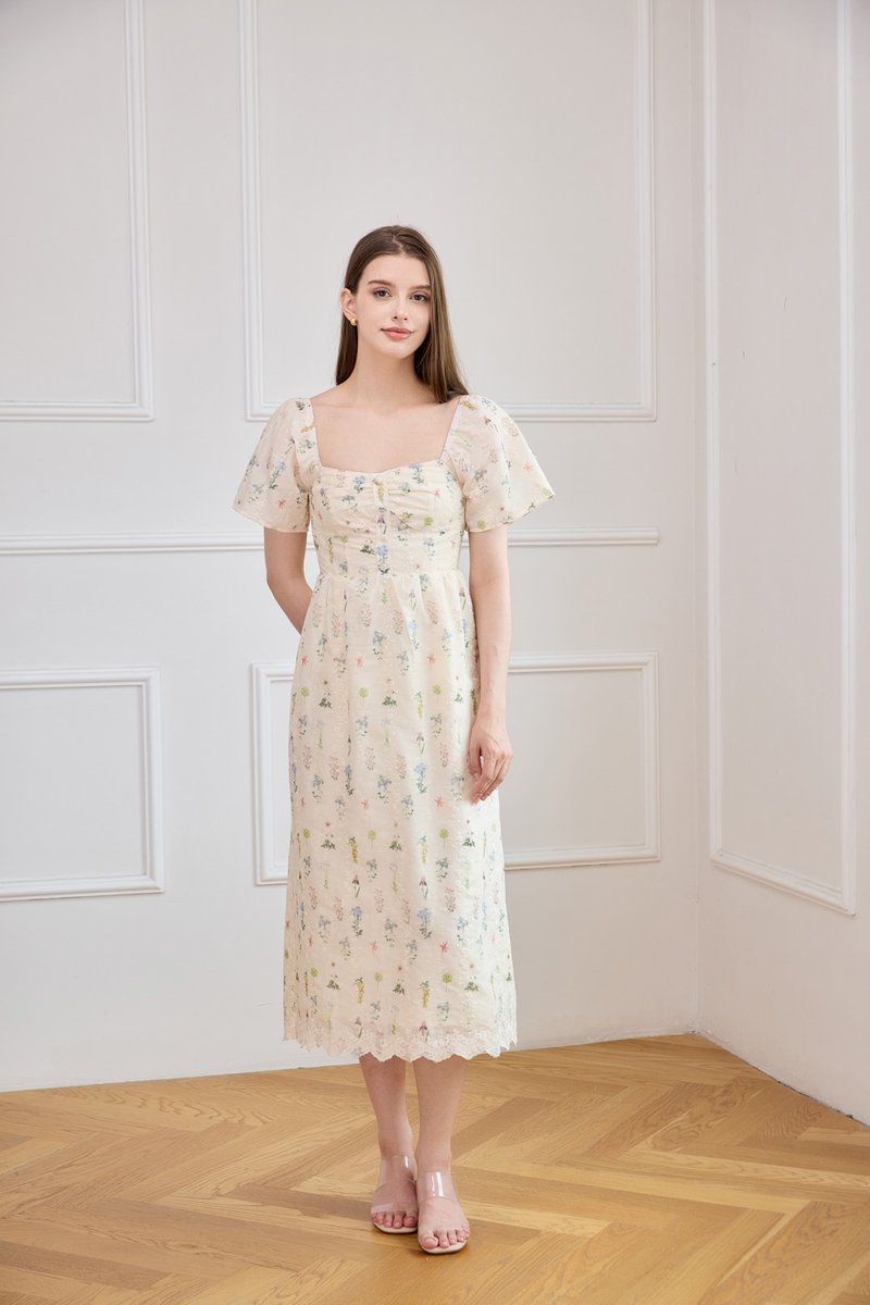Althea Embroidery Floral Midi Dress In Cream