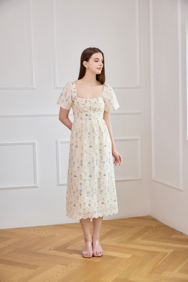 Althea Embroidery Floral Midi Dress In Cream