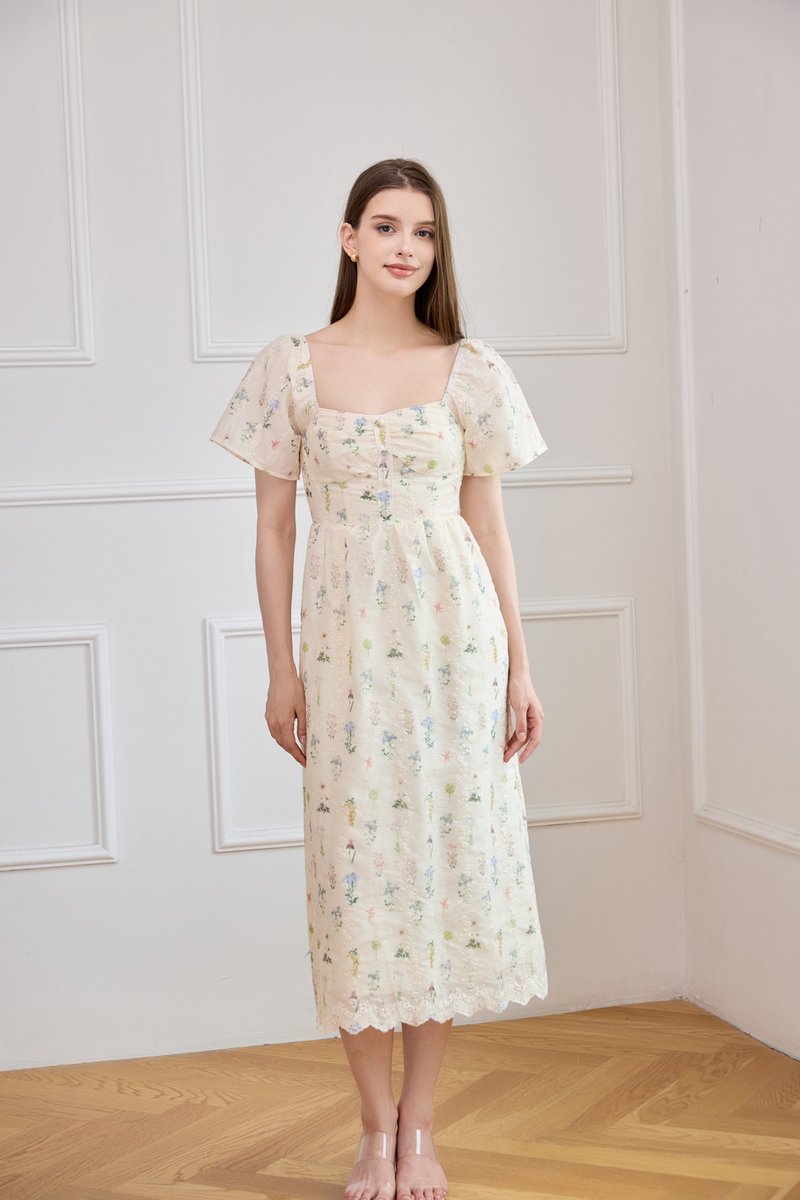 Althea Embroidery Floral Midi Dress In Cream