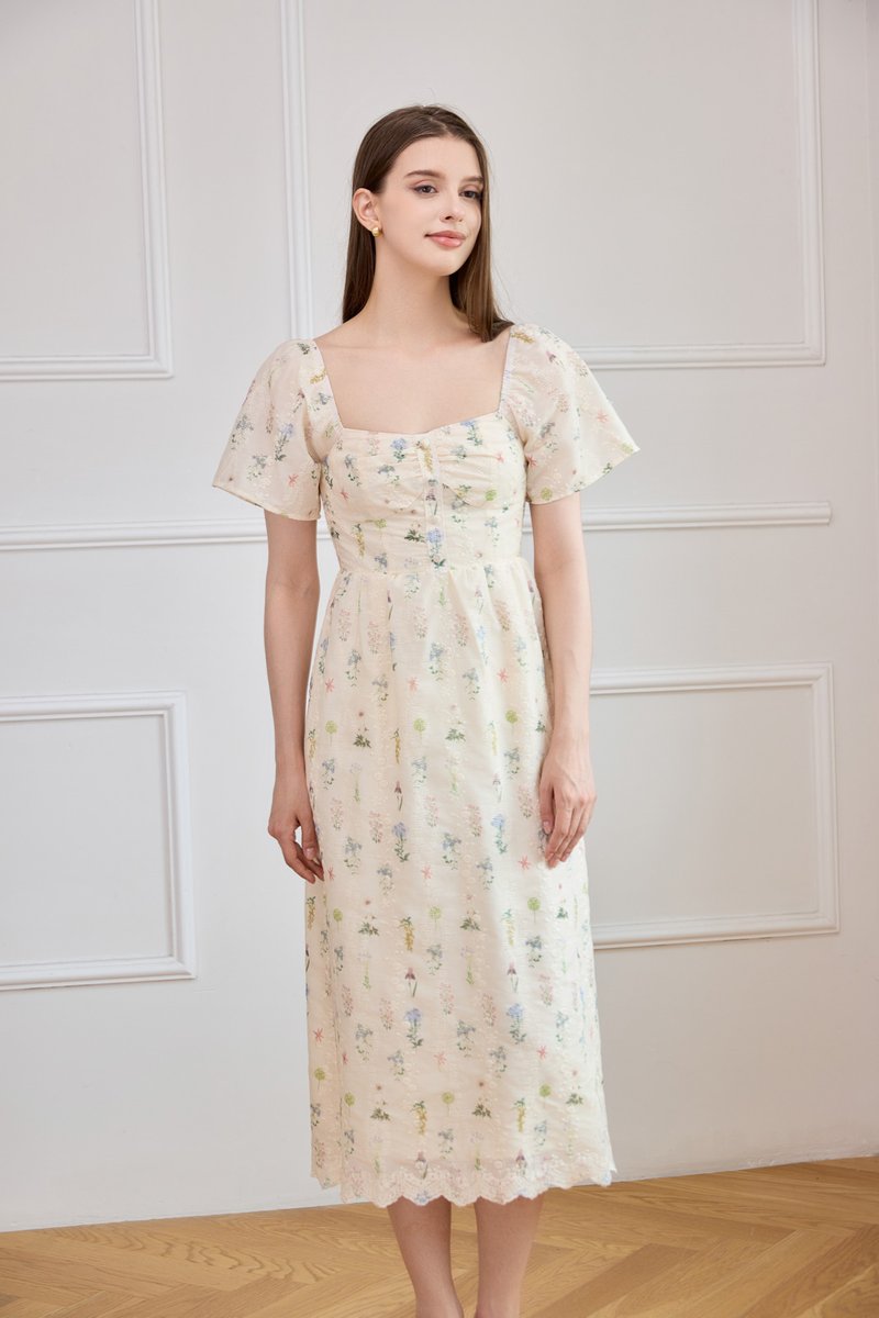 Althea Embroidery Floral Midi Dress In Cream