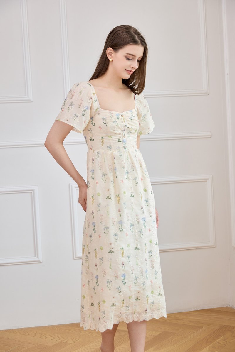 Althea Embroidery Floral Midi Dress In Cream