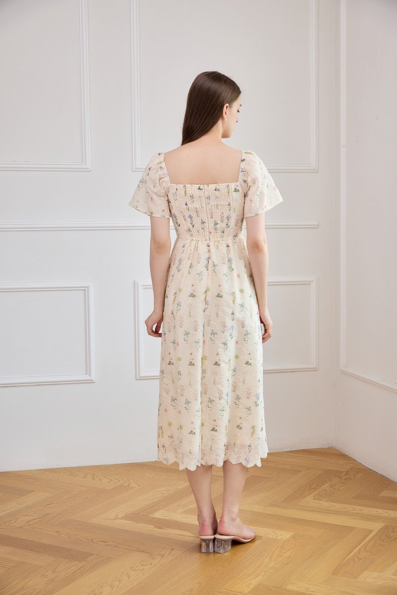 Althea Embroidery Floral Midi Dress In Cream