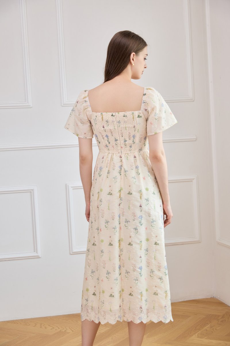 Althea Embroidery Floral Midi Dress In Cream