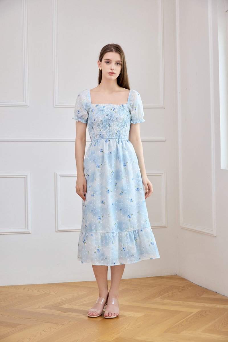 Carys Eyelet Smocked Floral Midi Dress In Ombre Blue