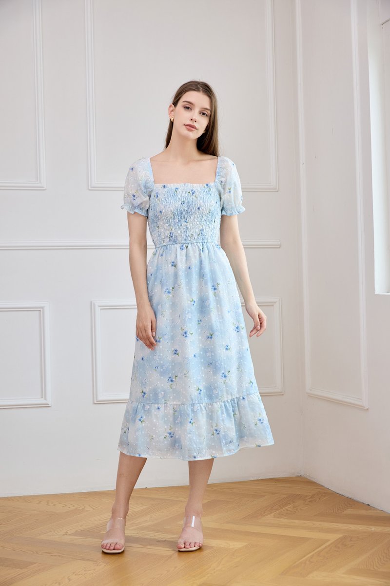Carys Eyelet Smocked Floral Midi Dress In Ombre Blue