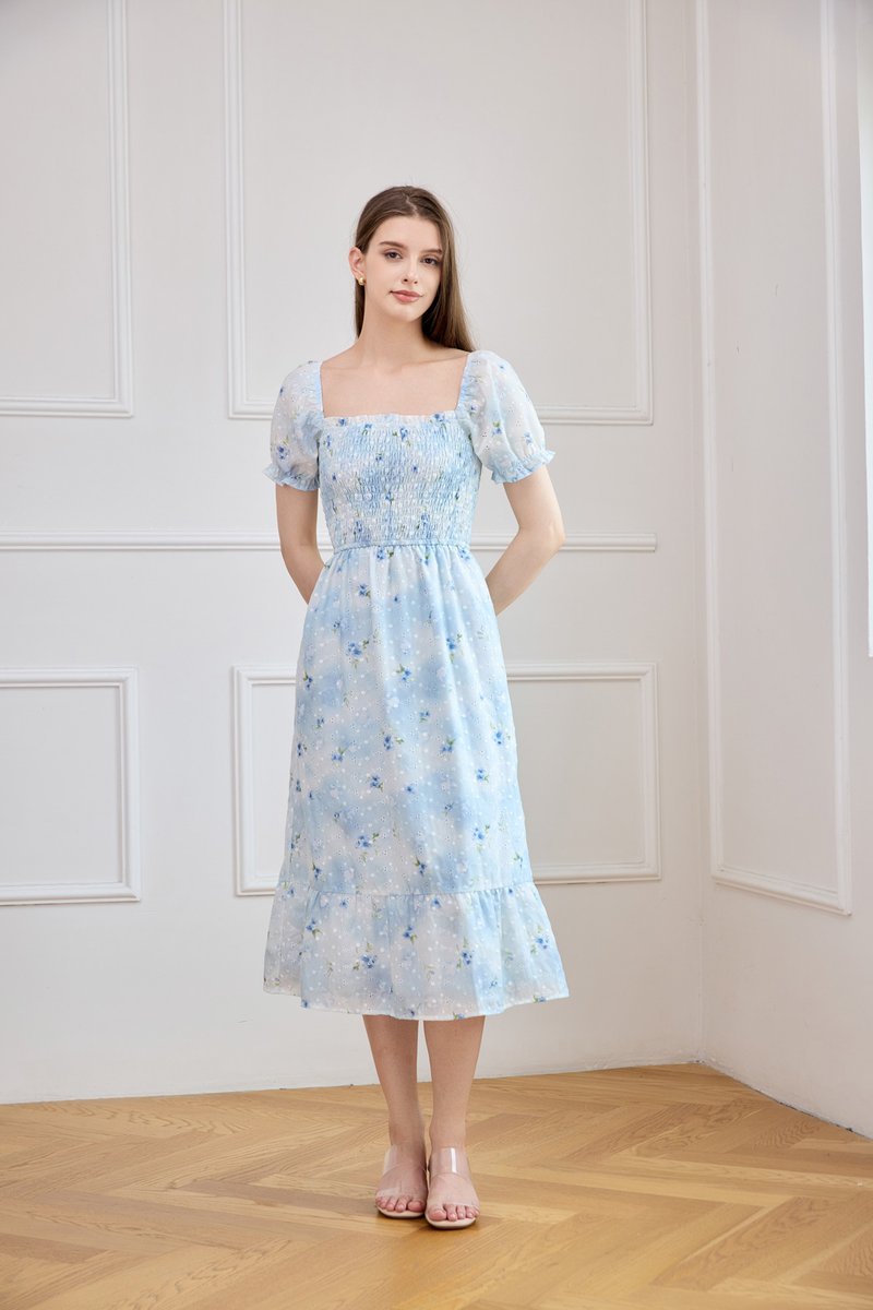 Carys Eyelet Smocked Floral Midi Dress In Ombre Blue