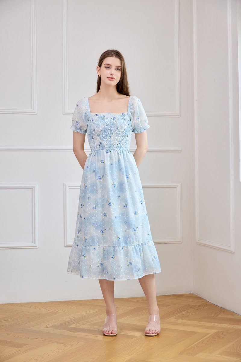 Carys Eyelet Smocked Floral Midi Dress In Ombre Blue