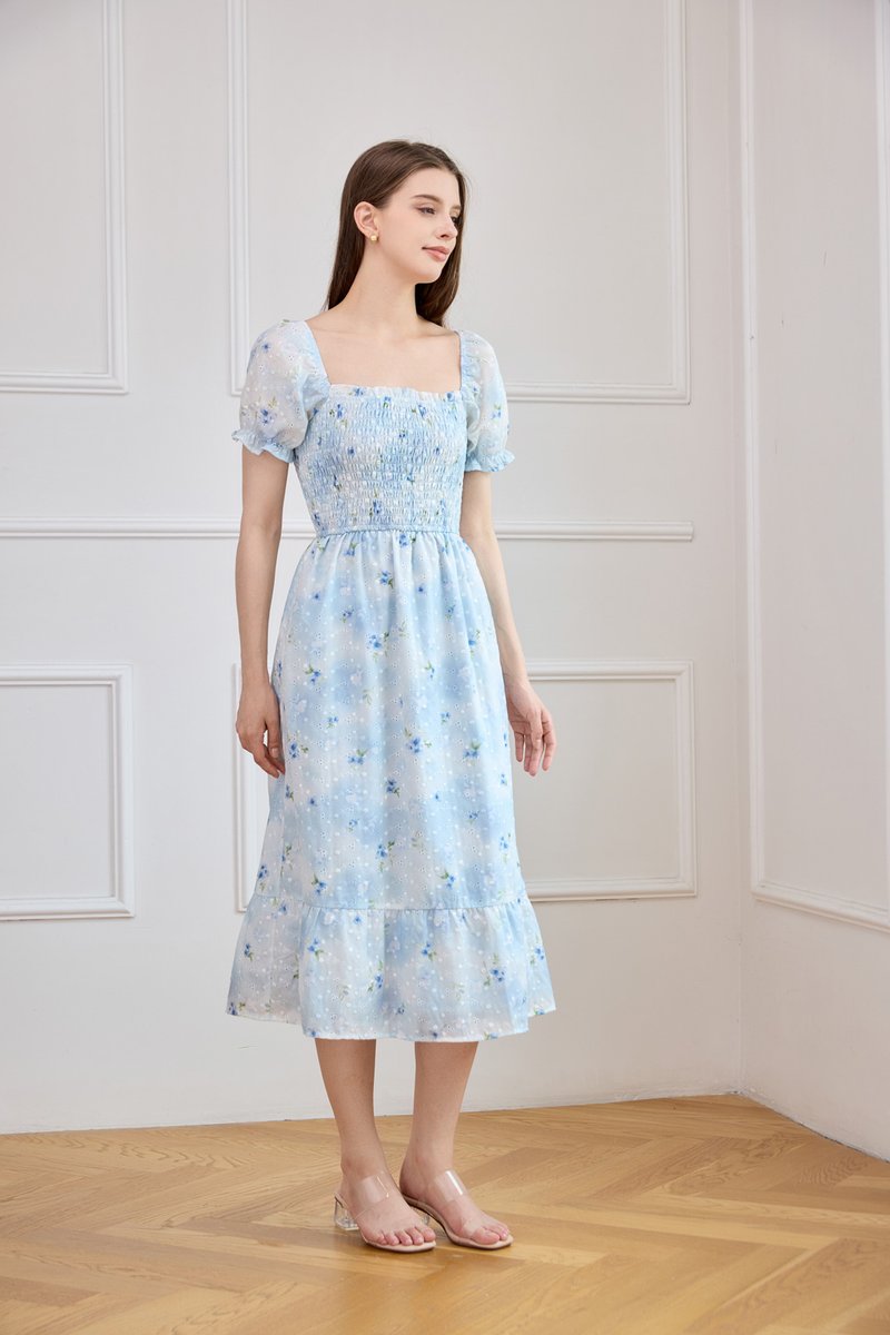 Carys Eyelet Smocked Floral Midi Dress In Ombre Blue