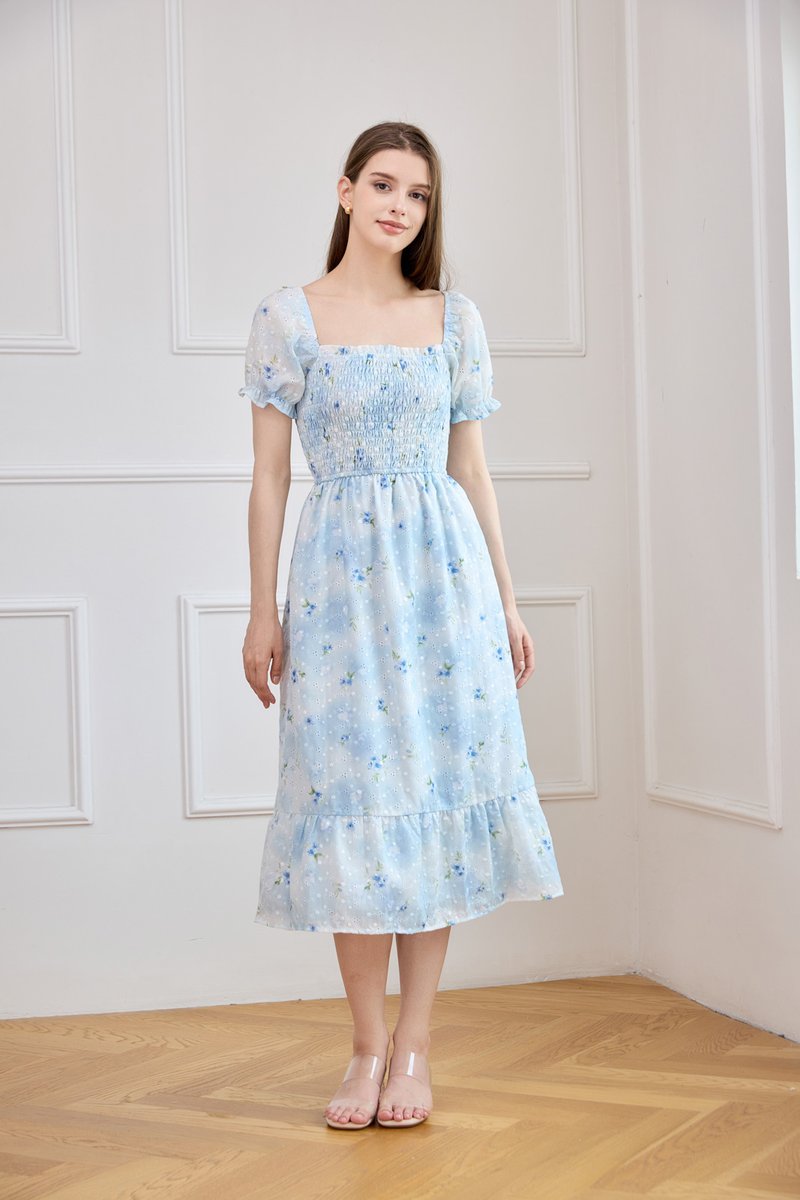 Carys Eyelet Smocked Floral Midi Dress In Ombre Blue