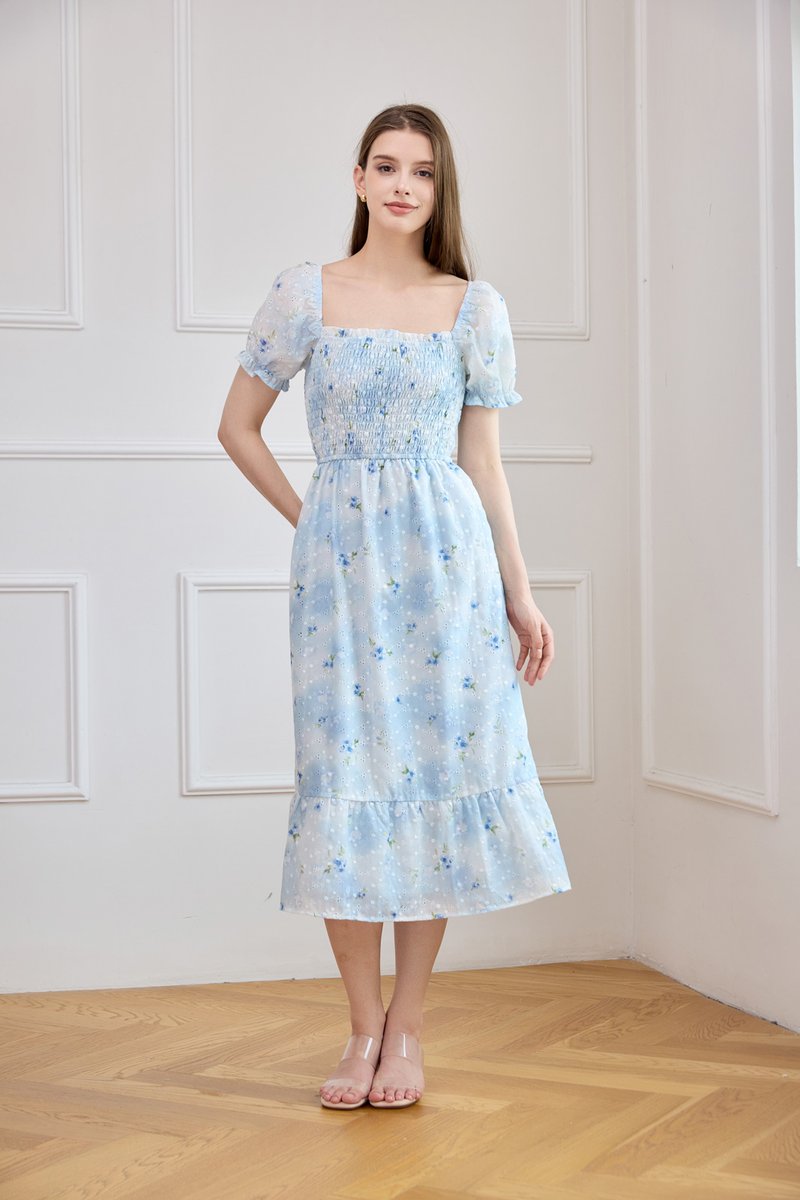 Carys Eyelet Smocked Floral Midi Dress In Ombre Blue