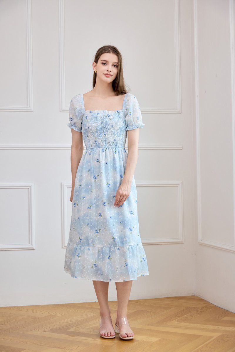 Carys Eyelet Smocked Floral Midi Dress In Ombre Blue
