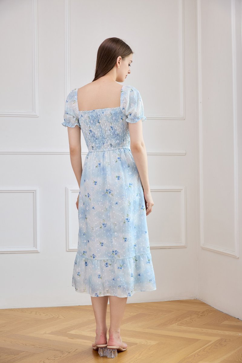 Carys Eyelet Smocked Floral Midi Dress In Ombre Blue