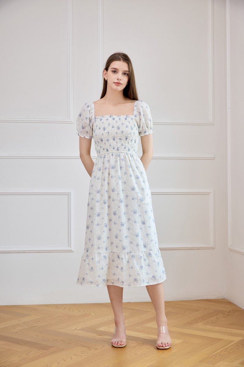 Carys Eyelet Smocked Floral Midi Dress In White