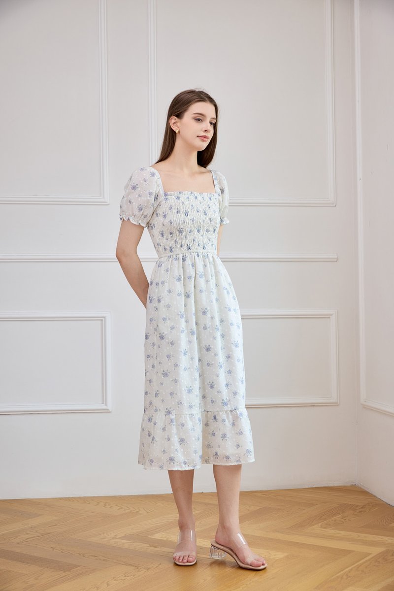 Carys Eyelet Smocked Floral Midi Dress In White