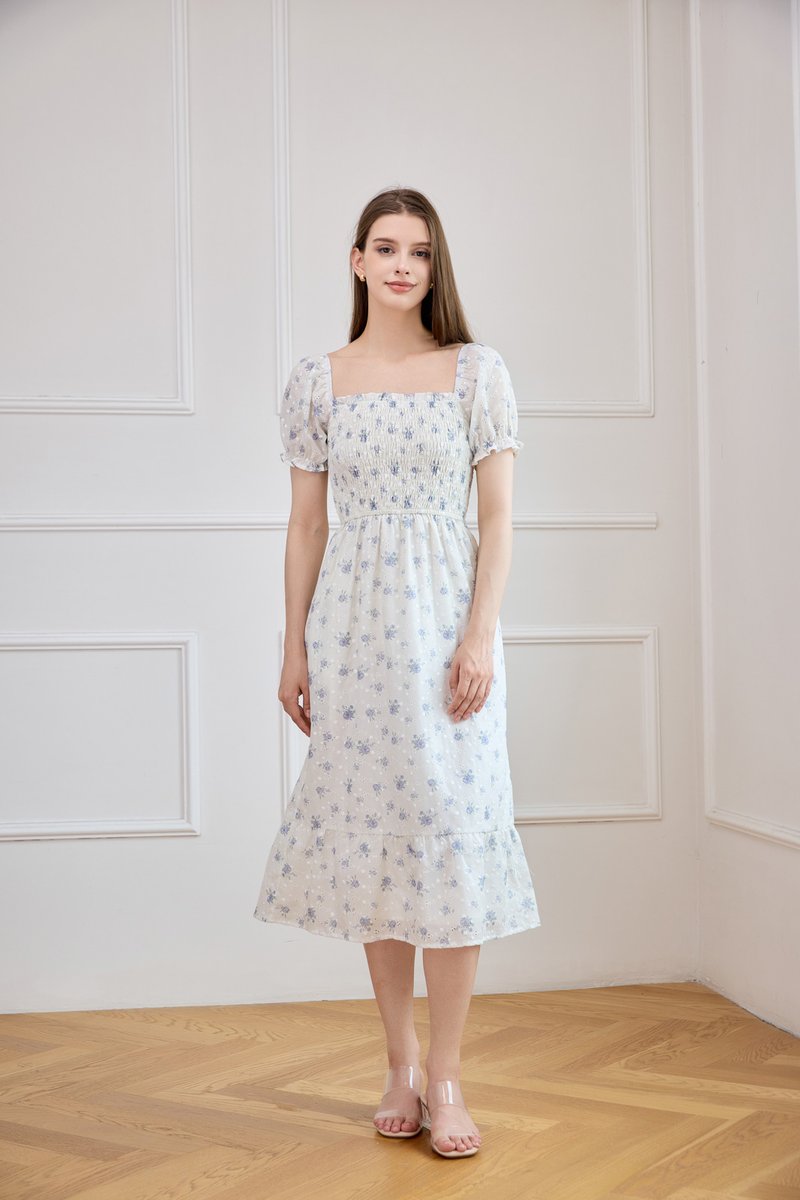 Carys Eyelet Smocked Floral Midi Dress In White