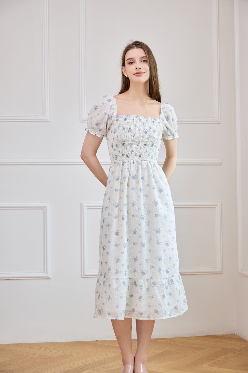 Carys Eyelet Smocked Floral Midi Dress In White