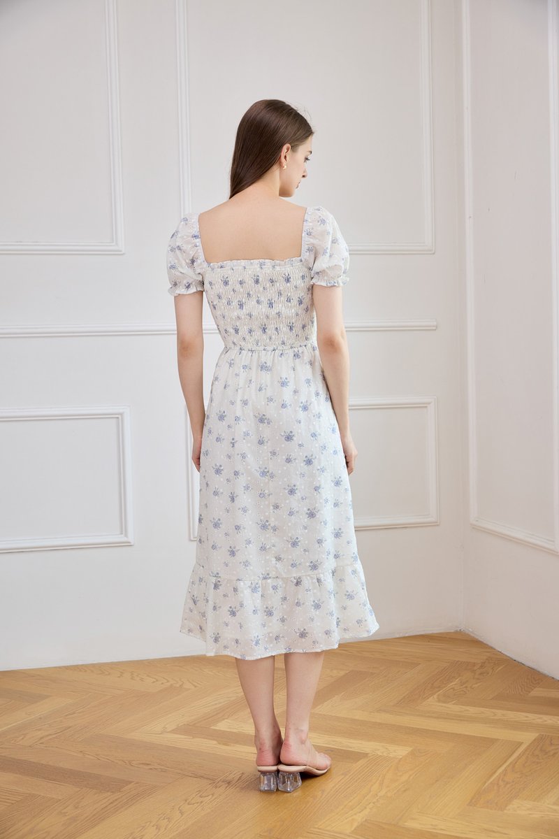 Carys Eyelet Smocked Floral Midi Dress In White