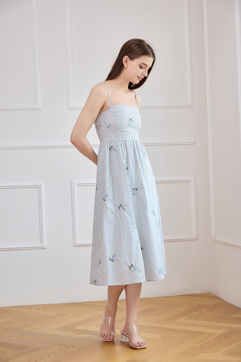 Jordyn Checkered Embroidery Camisole Midi Dress