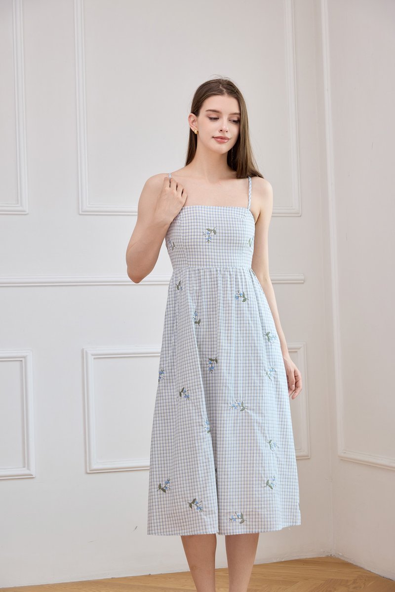 Jordyn Checkered Embroidery Camisole Midi Dress