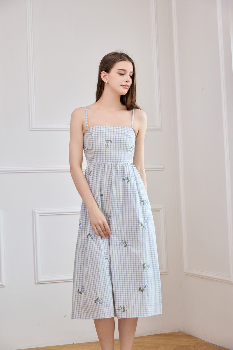 Jordyn Checkered Embroidery Camisole Midi Dress