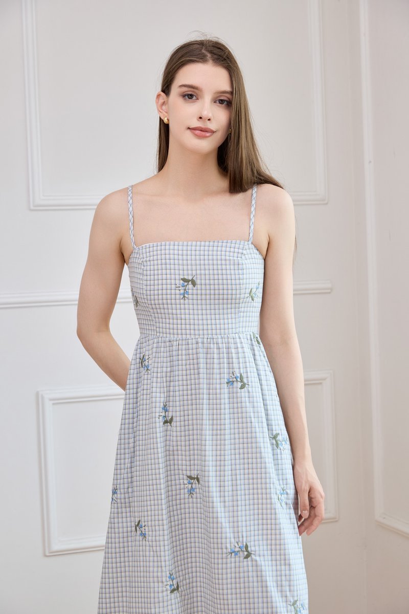 Jordyn Checkered Embroidery Camisole Midi Dress