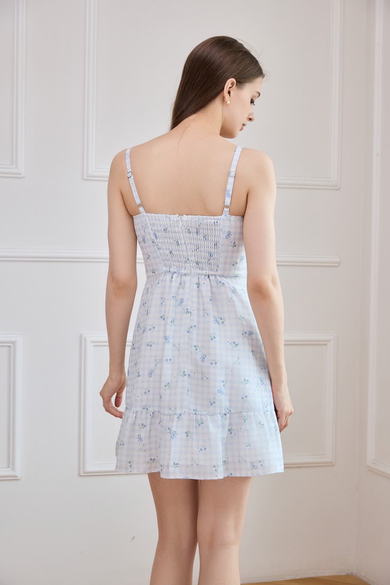 Lilah Camisole Ribbon Gingham Dress In Blue