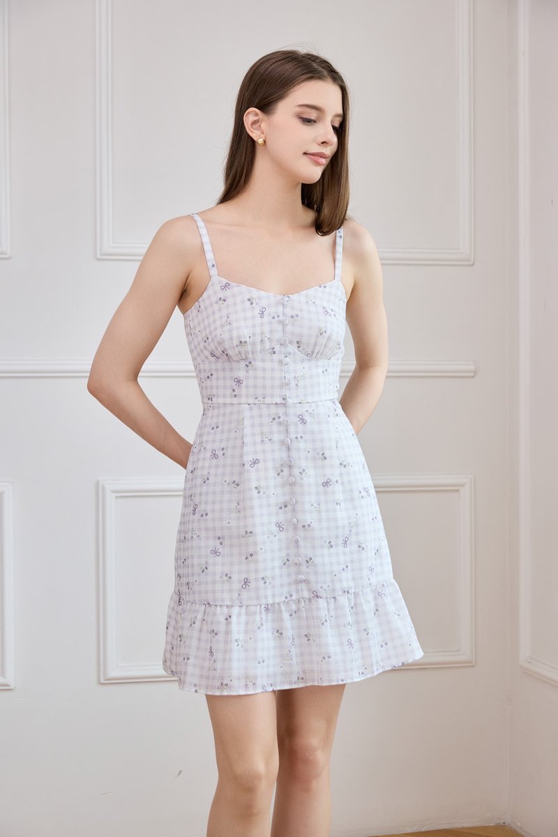 Lilah Camisole Ribbon Gingham Dress In Lilac