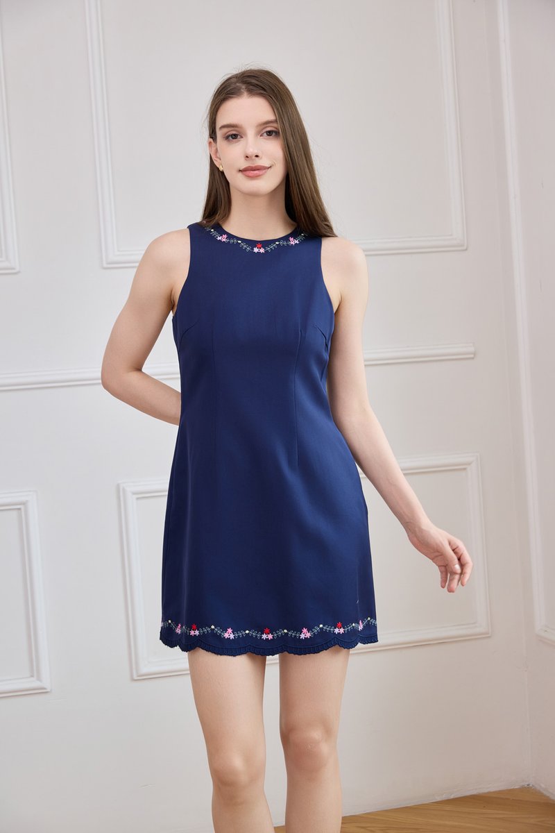 Yuna Cross Stitch Floral Dress In Navy