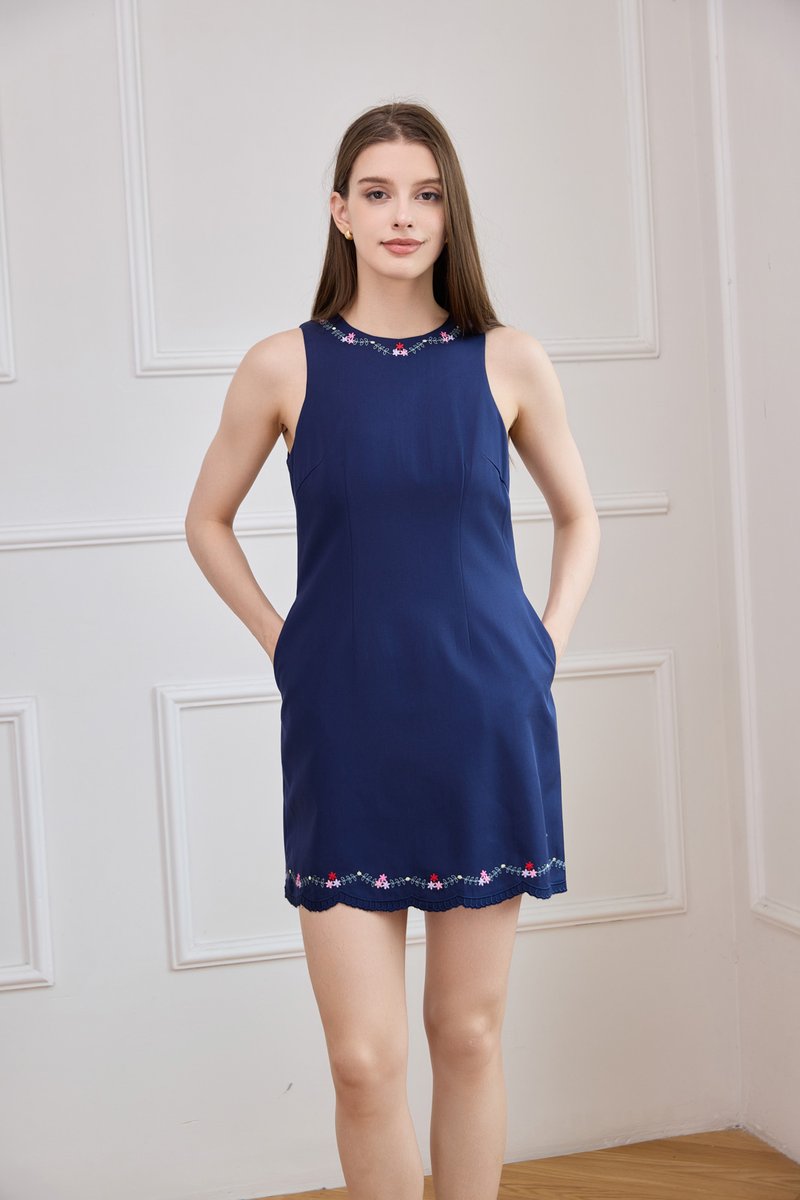 Yuna Cross Stitch Floral Dress In Navy