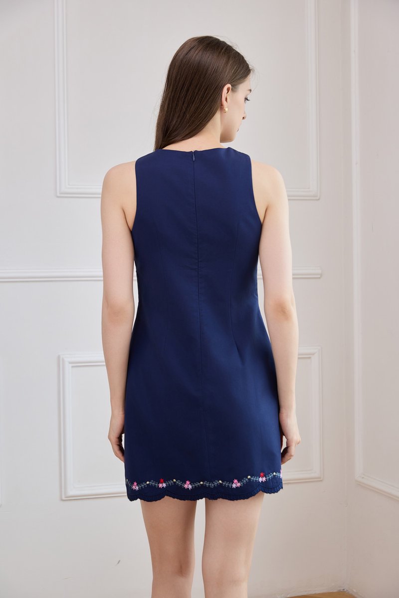 Yuna Cross Stitch Floral Dress In Navy