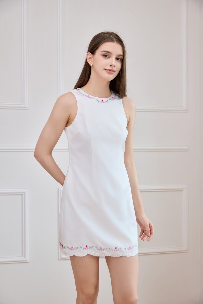 Yuna Cross Stitch Floral Dress In White