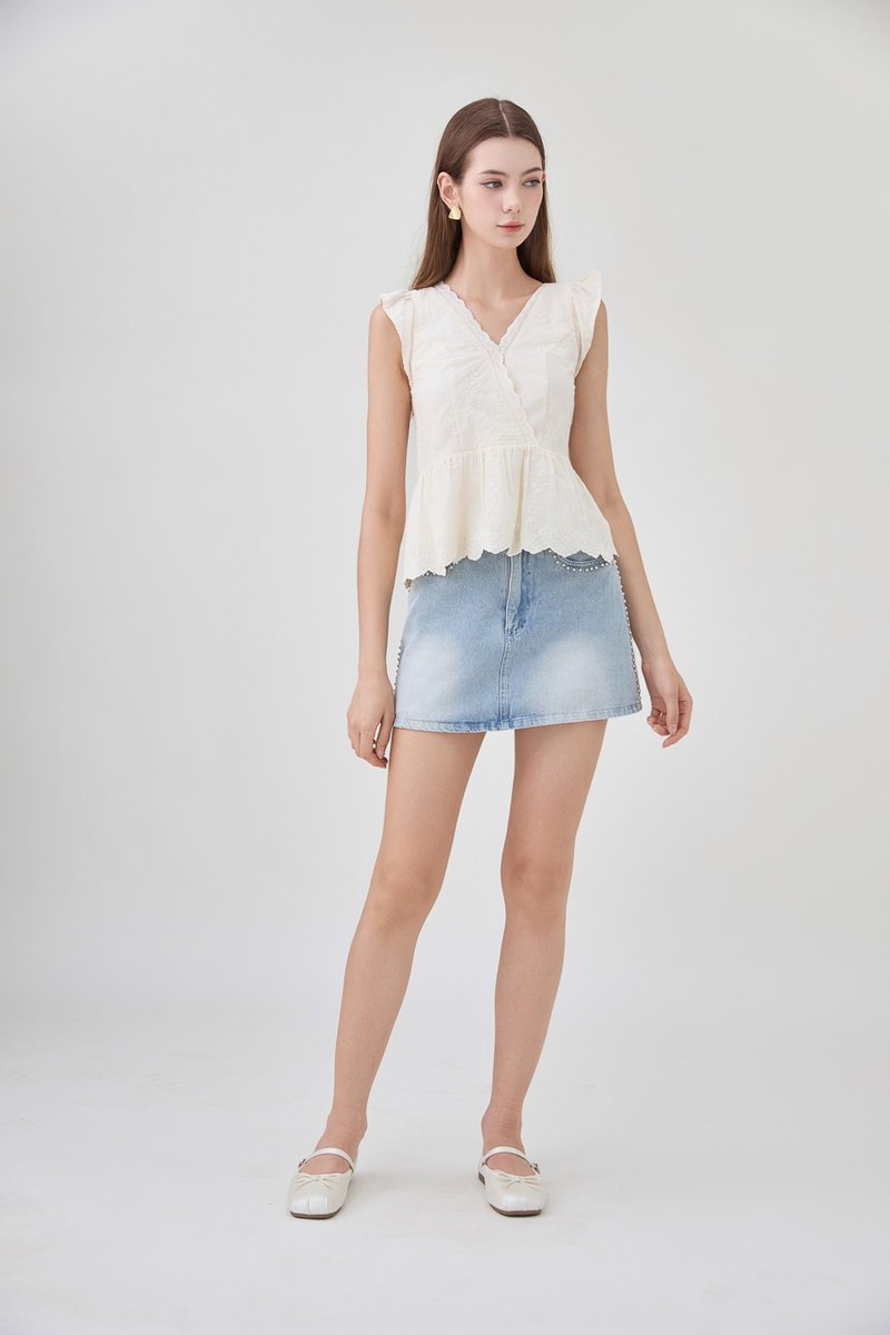 Yarael Embroidery Faux Wrap Top In Cream