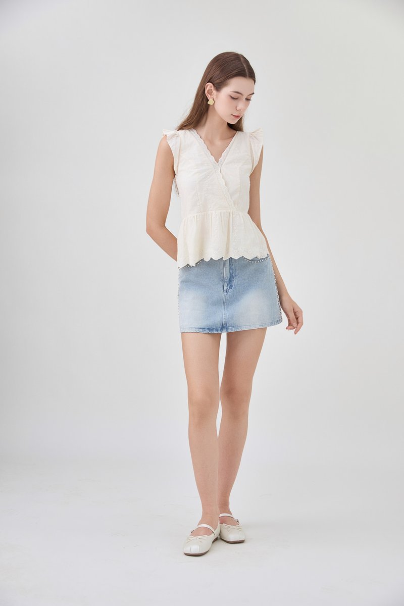 Yarael Embroidery Faux Wrap Top In Cream