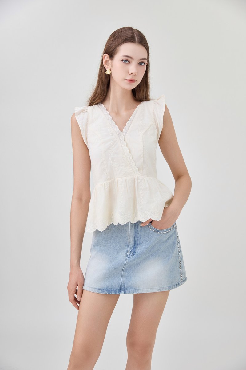 Yarael Embroidery Faux Wrap Top In Cream