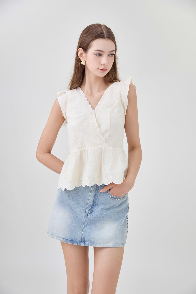 Yarael Embroidery Faux Wrap Top In Cream